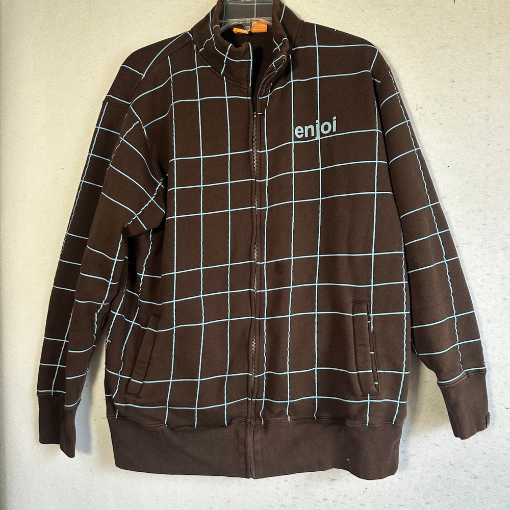 Enjoi Skateboarding Mens XL Brown Blue Grid Full Zip Track Jacket Fleece Lined
